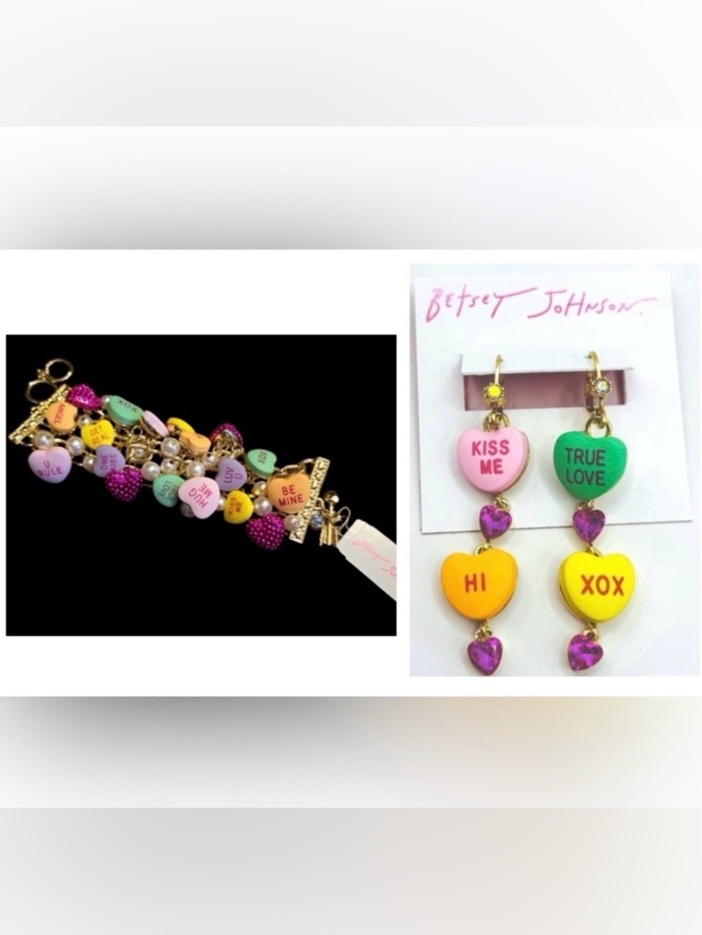BETSEY JOHNSON SET Valentine Conversation Heart Candy Bracelet & Earrings NWT
